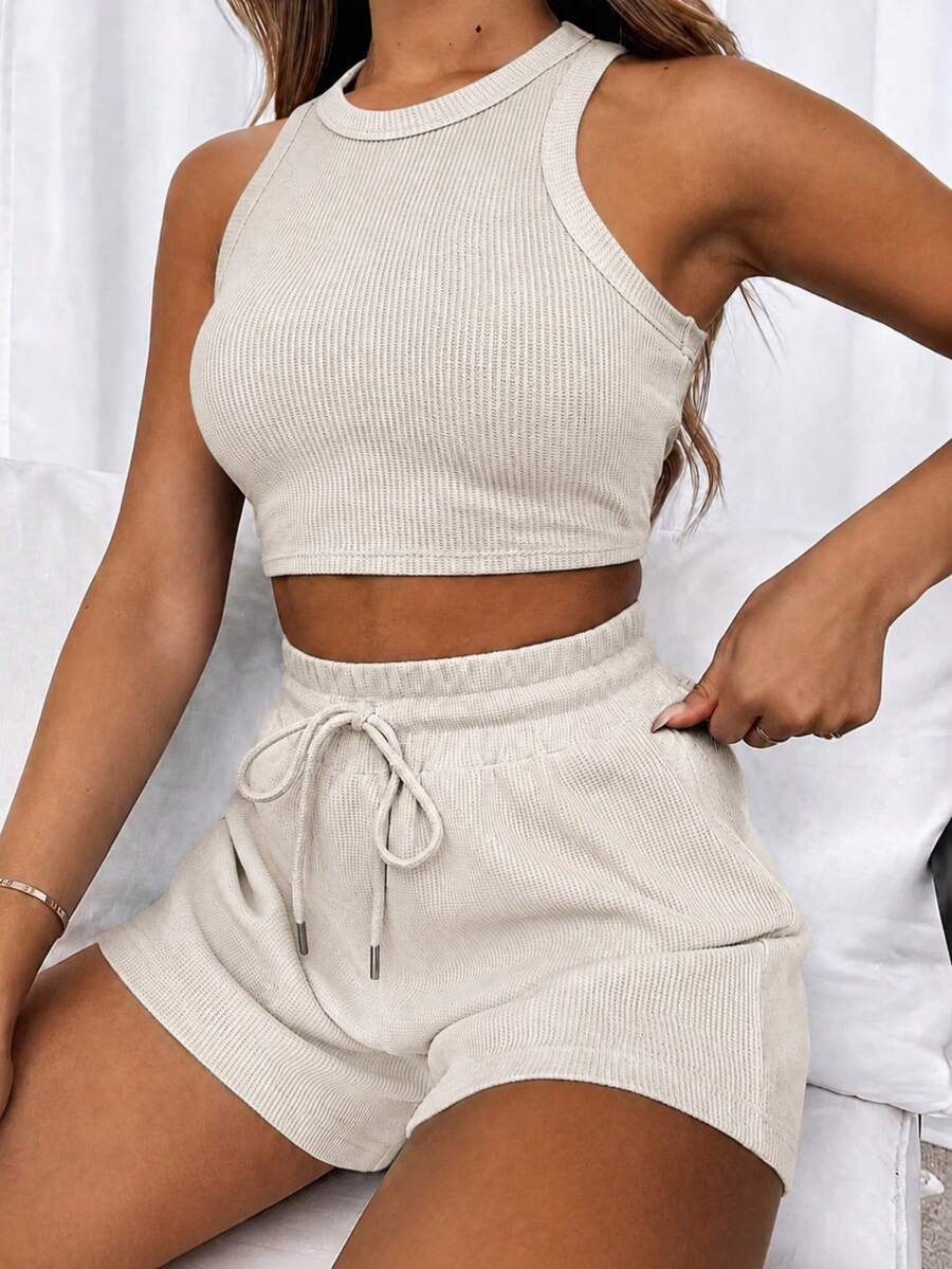 INAWLY Women's Summer Casual Solid Color Cropped Tank Top And Shorts 2 Pieces Set - Apricot - View 1