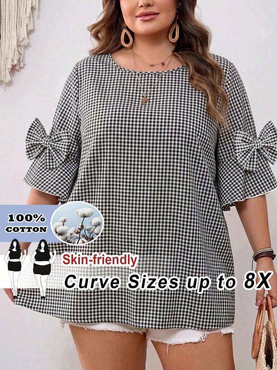 SHEIN CURVE+ 大码女式圆领格子休闲百搭日常衬衫 - 黑與白 - 查看 1