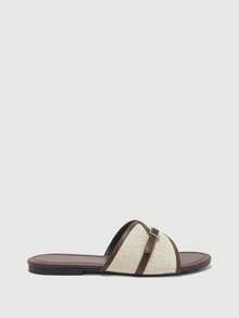 CUCCOO BIZCHIC French Retro Style Linen Splicing Flat Bottom Cool Slippers Metal Buckle Cross Belt Design Soft Bottom Non-Slip Lazy Drag - Brown - View 2