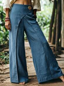 SHEIN PETITE CURVE 女士优雅通勤日常装，欧美风格，畅销牛仔效果面料，重叠式二合一设计，腰部夸张金属扣装饰，侧拉链方便穿脱，春夏休闲时尚设计，适合休闲、派对、通勤等多种场合，独特风格，高性价比，女士秋季必备单品。 - 藍色 - 查看 1