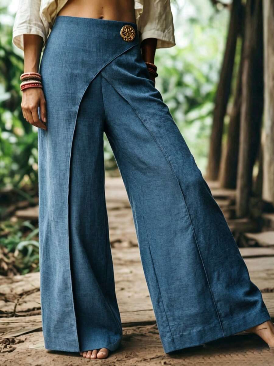 SHEIN PETITE CURVE 女士优雅通勤日常装,欧美风格,畅销牛仔效果面料,重叠式二合一设计,腰部夸张金属扣装饰,侧拉链方便穿脱,春夏休闲时尚设计,适合休闲、派对、通勤等多种场合,独特风格,高性价比,女士秋季必备单品。 - 藍色 - 查看 1