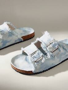 Solecia 雙扣毛邊露趾平底軟木拖鞋，休閒戶外穿著涼鞋，日常通勤海灘度假百搭涼鞋 - 雙色淺藍 - 查看 3
