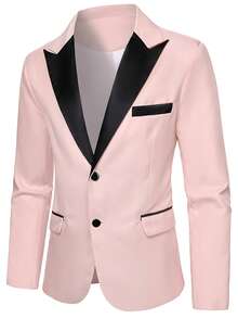 Calvornis Men's Contrast Color Lapel Jacket & Pants Suit Set - Baby Pink - View 6