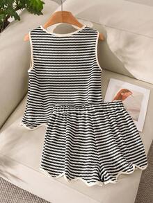 Story & Sage Women's Casual Home & Vacation 2-Piece Set, Spring/Summer, Colorblock Trim, Striped, Apricot & White, Sleeveless Tank Top & Shorts With Pockets - Black and White - View 3