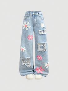 Girlism 青少年女孩花卉毛巾刺繡口袋磨損寬腿寬鬆休閒牛仔褲 - 粉色 - 查看 3