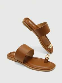 CUCCOO BIZCHIC Women Shoes Multi-Colored Leather Metal Finger Buckle Square Toe Flat Bottom Fresh Casual Style Suitable For Daily Travel Beach Wear - Brown - View 8