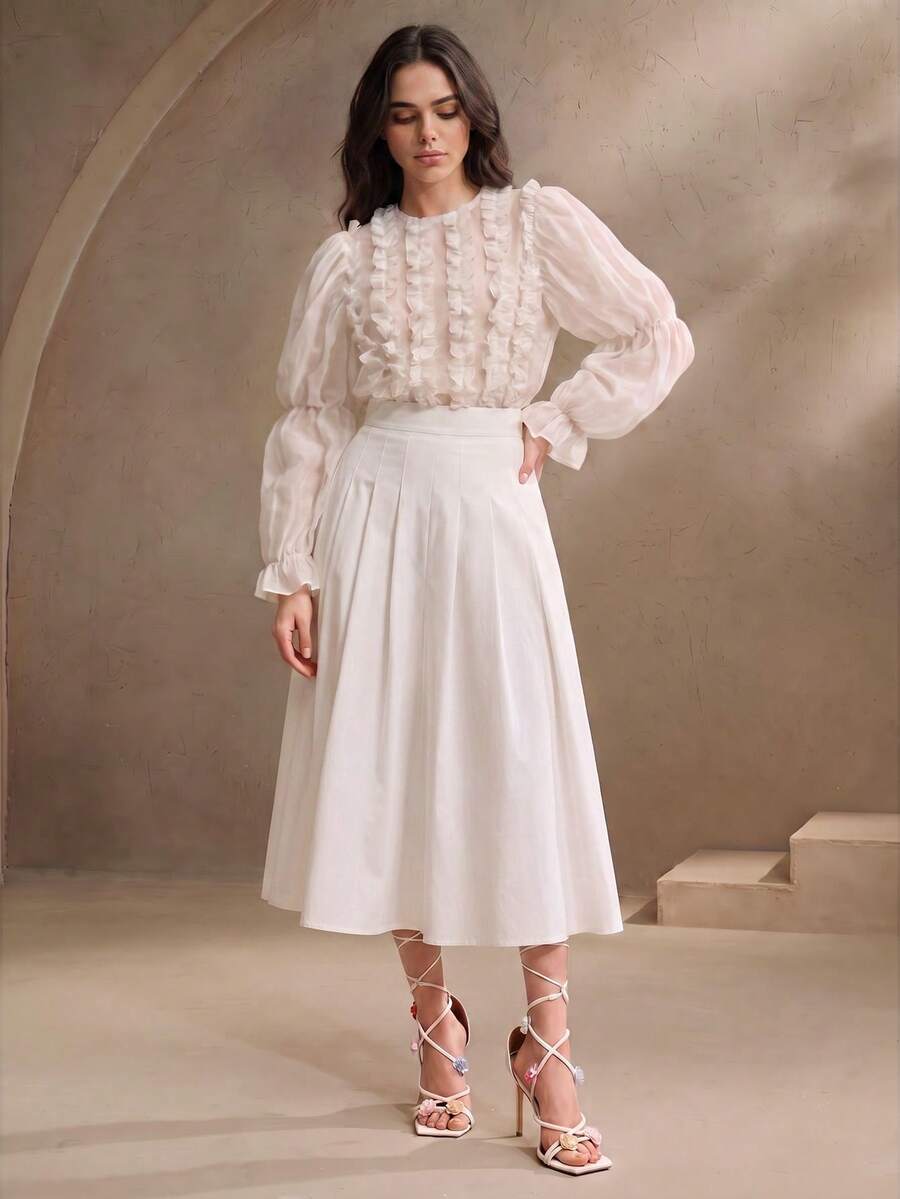 Anewsta Autumn/Winter Romantic French Chiffon Ruffle Petal Sleeve White Blouse - White - View 1