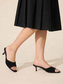 CUCCOO BASICS Women's Black Knitted Stiletto Heeled Mules Open Toe Sandals - Black Stripe - View 4