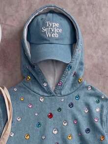 Tween Girl Rhinestone Denim Print Long Sleeve Casual Sweatshirt - Multicolor - View 6