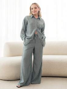 Ximena Robles Ximena Robles 女款條紋落肩長袖單排扣襯衫與長褲休閒兩件套居家服套裝，優雅短套裝 - 藏蓝色 - 查看 1