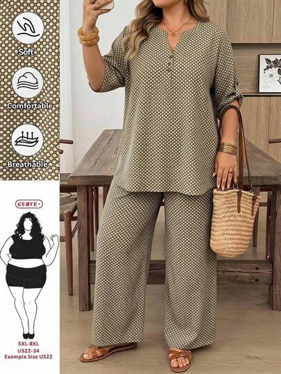 SHEIN CURVE+ Curve Plus Size Women's Khaki V-Neck Short Sleeve Top And All-Over Print Pants Casual Casual Formal Holiday 2-Piece Set, Summer/ Vacation