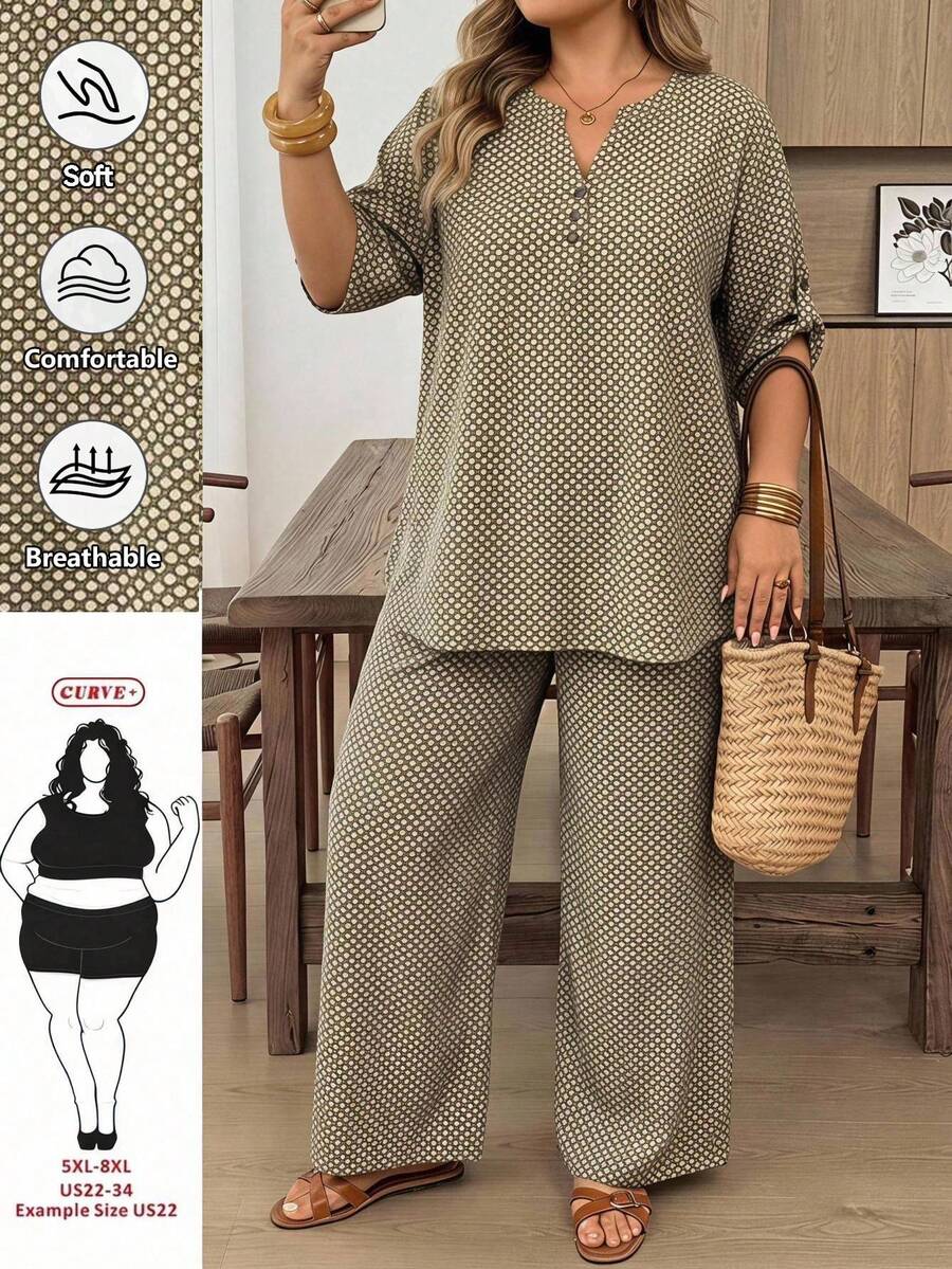 SHEIN CURVE+ Curve 大码女式黑色V领短袖上衣和印花长裤休闲度假两件套,春秋季 - 卡其色 - 查看 1