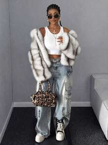 Maweii Women's Plus Size Cute Playful Elegant Fuzzy Long Sleeve Hooded Vertical Striped Design Short Jacket Party Birthday Christmas New Year Outing Home Faux Fur Coat - White - View 4