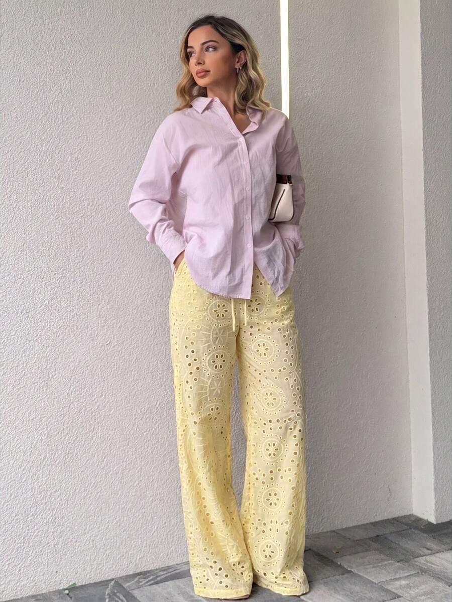 Jeta Ari 女款夏季時尚新款腰部綁帶直筒鏤空刺繡休閒度假寬鬆闊腿長褲 黃色 - 黃色 - 查看 1
