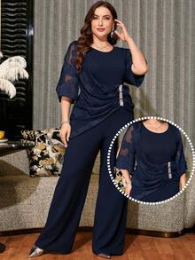 Reflora Mono largo elegante de talla grande para fiesta de otoño/invierno con adornos de strass azul - Azul Marino - Ver 2