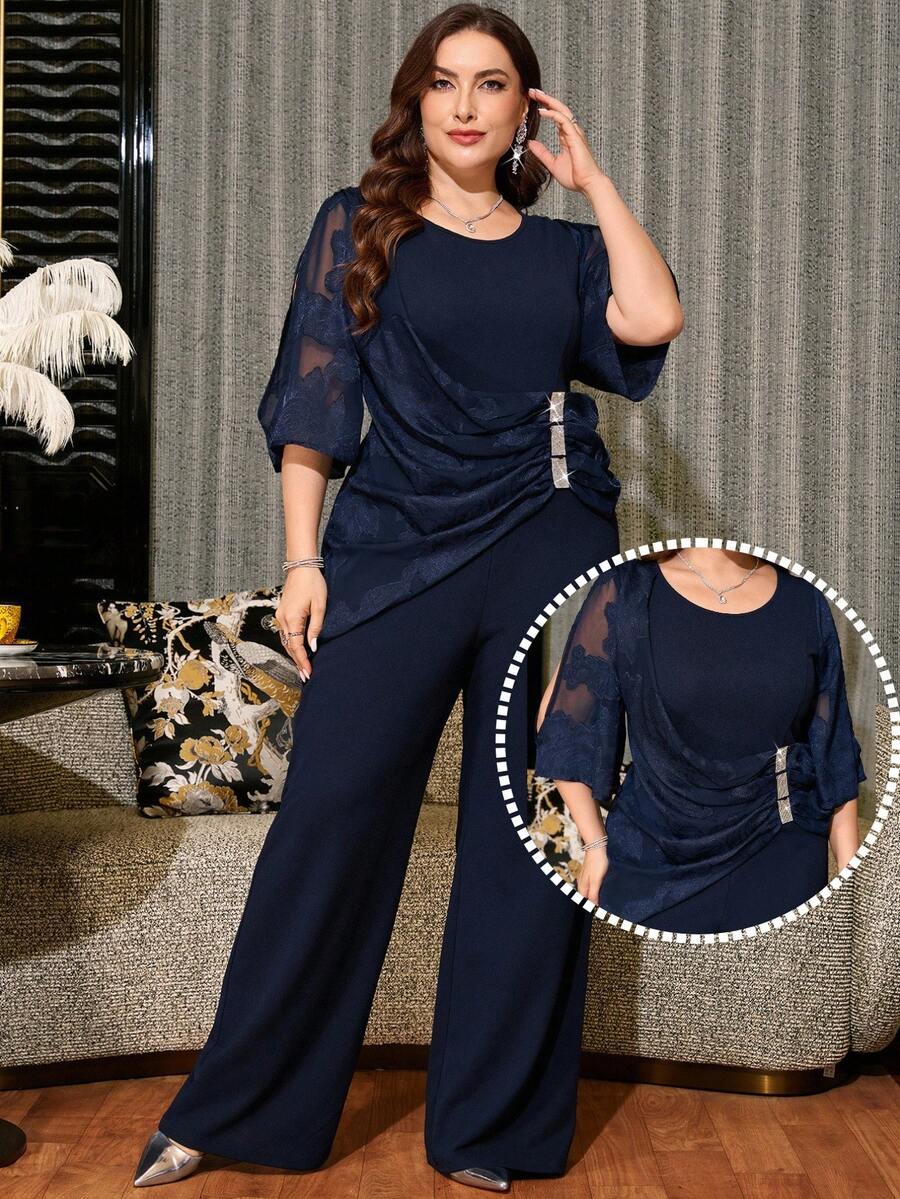 Reflora Mono largo elegante de talla grande para fiesta de otoño/invierno con adornos de strass azul