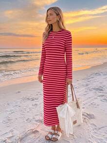 Sylviya Vestido casual de mujer francés de manga larga a rayas rojas para otoño/invierno, ropa de vacaciones de otoño para mujer, vestido elegante, vestidos casuales, vestido de playa - Multicolor - Ver 5