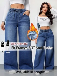 SHEIN PETITE CURVE Plus Size Casual Washed Wide Leg Denim Jeans - Blue - View 1