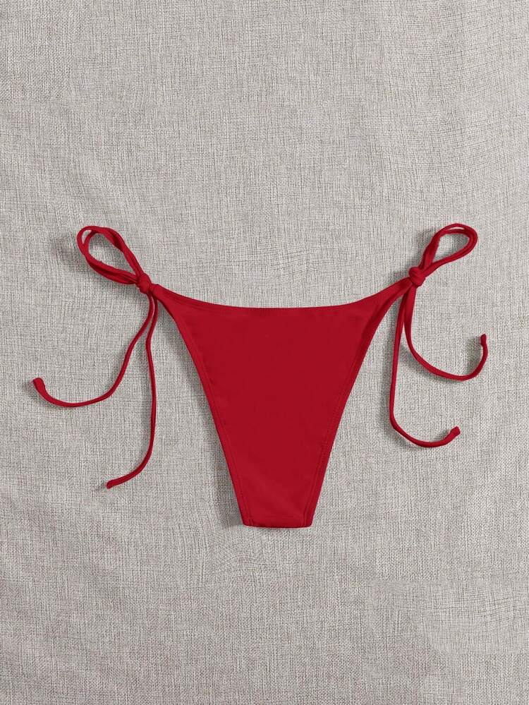 SHEIN Swim Women's Summer Beach Solid Color Side Tie Bikini Bottoms - Red - View 2