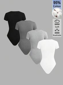 SHEIN BASICS 女款純色圓領短袖休閒T恤連身衣 日常白天穿著 夏季 黑色 灰色 淺灰色 白色 - 彩色 - 查看 2