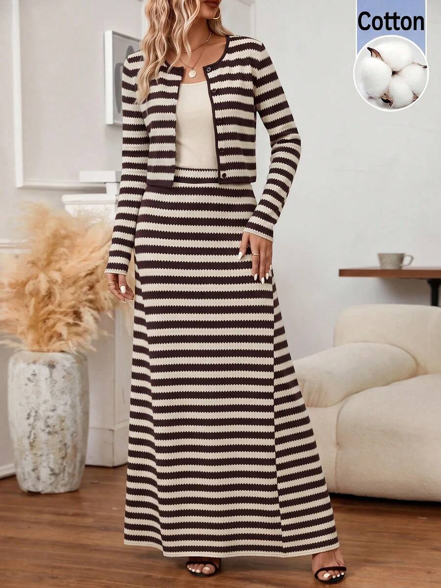 SHEIN Clasi 女款復古條紋拼色單排扣長袖開襟衫與長裙兩件套 - 卡其色 - 查看 1