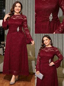 Reflora Plus Size Women's Lace Patchwork Rhinestone Decor Elegant Waist-Cinching Party Dress Fall - Burgundy - View 1