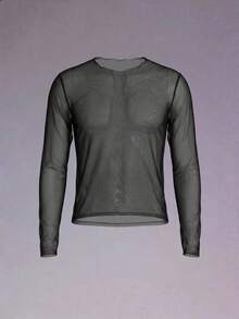 DSELFIQUE Men's Solid Color Mesh Sheer Casual Long Sleeve T-Shirt For Daily Wear - Black - View 3