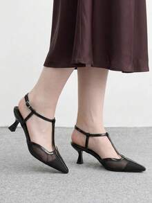 CUCCOO BIZCHIC 法式復古尖頭網布T字帶扣小貓跟女鞋 氣質百搭通勤女高跟鞋 - 黑色 - 查看 5