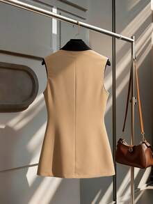 Franclia Women's New Coffee Color Blazer Vest Jacket - Khaki - View 2
