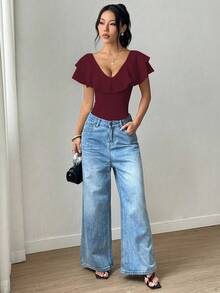 Rafferiza Women's Solid Color Ruffle Collar Fitted Elegant Bodysuit - Burgundy - View 3