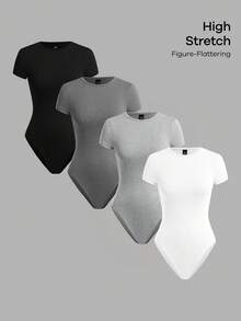 SHEIN BASICS 女款純色圓領短袖休閒T恤連身衣 日常白天穿著 夏季 黑色 灰色 淺灰色 白色 - 彩色 - 查看 7