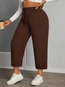 SHEIN PETITE CURVE 女款大尺碼純色腰部綁帶寬腿休閒九分褲 - 咖啡棕 - 查看 5