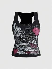 ROMWE Y2K Plus Size Women's Letter Print Rhinestone Embellished Fitted Versatile Casual Top - Black - View 1