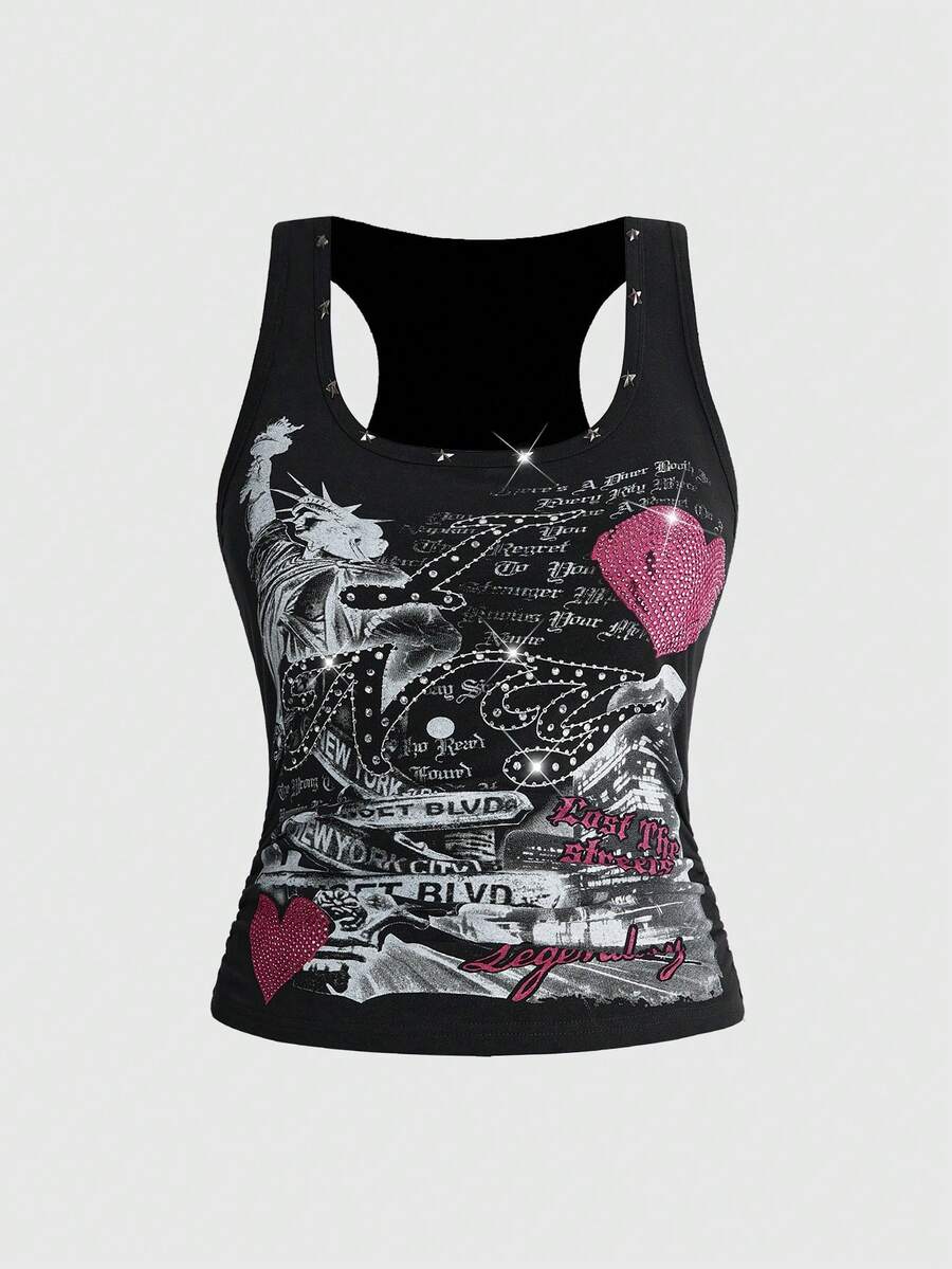 ROMWE Y2K Plus Size Women's Letter Print Rhinestone Embellished Fitted Versatile Casual Top - Black - View 1