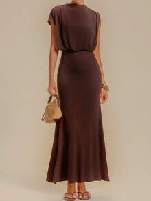 Travachic Women's Solid Color Stand Collar Mermaid Hem Elegant Long Dress Vacation Dark Brown Summer - Brown - View 3