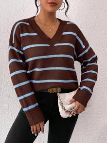 SHEIN Frenchy V Neck Striped Pattern Drop Shoulder Sweater,Knitted Sweater In Fall/Winter - Sky Blue - View 6