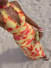 Aloruh Women's Elegant Tropical Vacation Casual Orange And Yellow Print Dress, Ruffle Hem Long Beach Holiday Summer - Multicolor - View 4