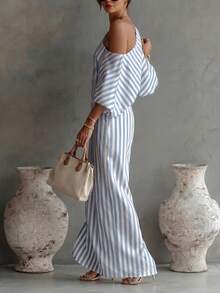 SHEIN LUNE Striped Pattern Asymmetrical Shoulder Back Slit Dress Suitable For Summer Wear - Blue and White - View 3