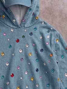 Tween Girl Rhinestone Denim Print Long Sleeve Casual Sweatshirt - Multicolor - View 8
