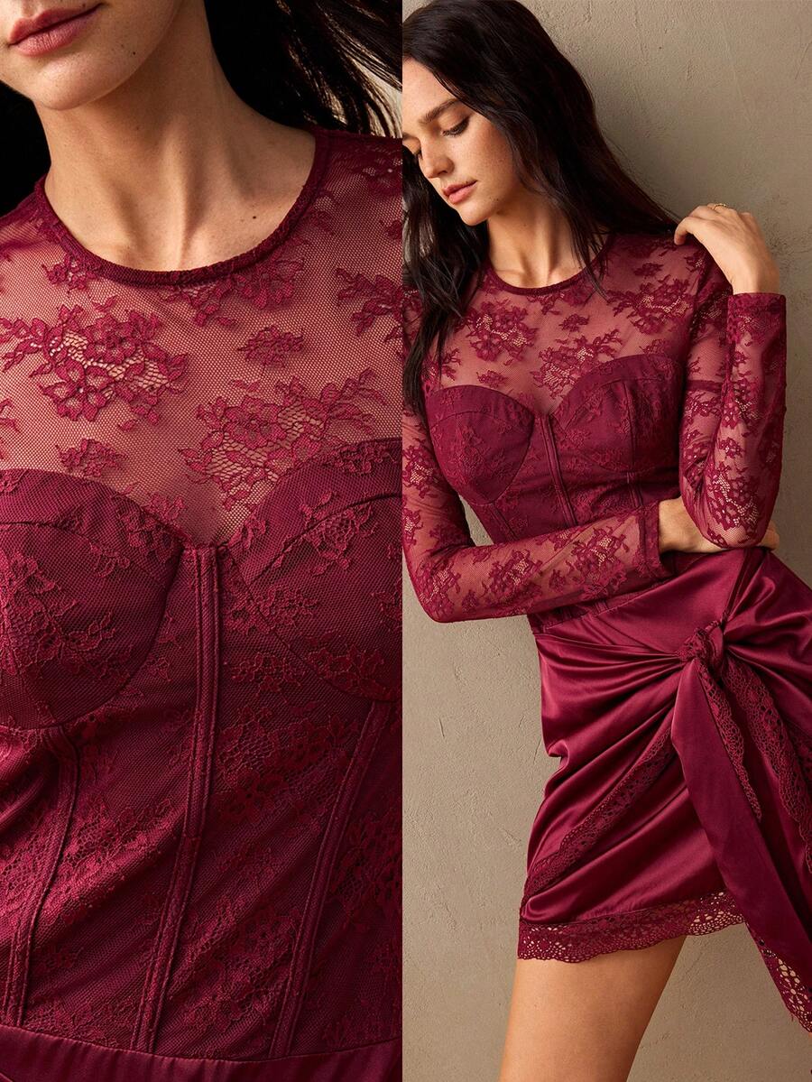 Willow Rêve Vestido de mujer con patchwork de encaje, plisado de espina de pescado y lazo, Vestidos Dor Holiday, Vestido elegante, Vestidos de club, Vestidos de graduación, Vestido de invitada de boda - Burdeos - Ver 1