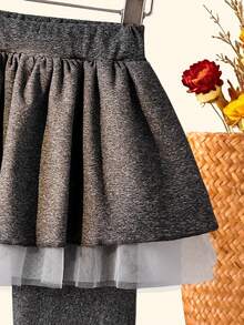 Elladie kids 1pc Girls Spring/Autumn 2026 New Solid Color 2 In 1 Mesh Cake Skirt Leggings, Soft Skin-Friendly Elastic Long Pants For Outings, Versatile - Grey - View 5