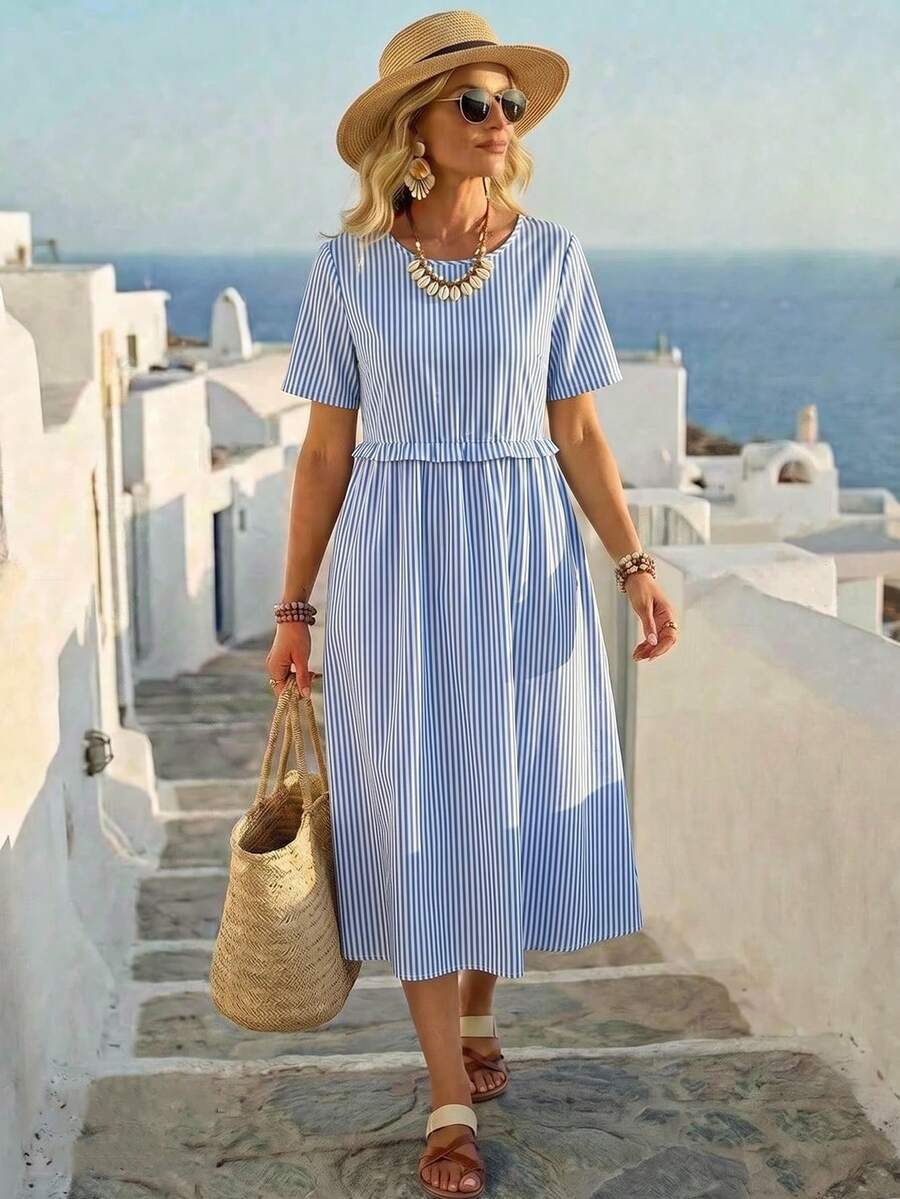 EMERY ROSE Women's Striped Beach Vacation Round Neck Ruffle Short Sleeve Dress - Blue - View 1