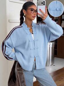 Muchica New Chinese Style Frog Button Cardigan Jacket Chinese Stand Collar Long Sleeve Sweater - Blue - View 7