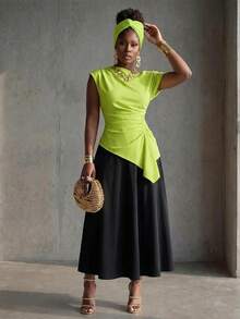 BamGlimmer Women Fluorescent Green Asymmetrical Neck Ruched Fashion Blouse - Green - View 6