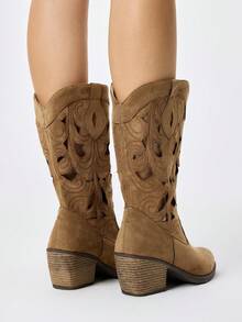 ROMWE Fairycore Women's Brown Western Boots, Pointed V-Cut Thick Heel Embroidered Boots, Low Heel Clogs, Zip Knight Boots And Ankle Boots Spring Shoes - Brown. Hollow. - View 5