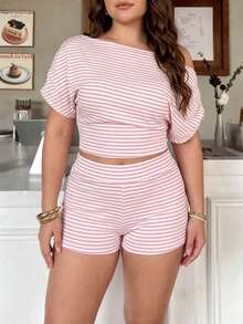 POPSWAY Plus Size Women's Asymmetrical Shoulder Striped Top And Shorts Casual Daily Outfit - Multicolor - View 4
