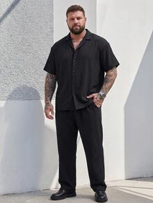 DRIVNCORE Plus Size Men's Shirt Set,Black,Summer,Casual,Vacation Bubble Crinkle Fabric Mandarin Collar Shirt&Drawstring Matching Pants Set,Formal Wedding Guest - Black - View 1