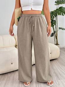 SHEIN PETITE CURVE Plus Size Casual Loose Pants For Vacation Bussines Vacation Khaki Summer Bussines Vacation - Camel - View 5