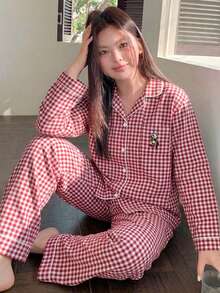 Dazy Plus 格子寬鬆睡衣套裝，家居休閒服，四季適用 - 紅白色 - 查看 2