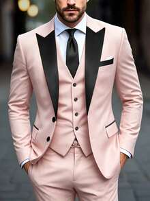 Calvornis Men's Contrast Color Lapel Jacket & Pants Suit Set - Baby Pink - View 1